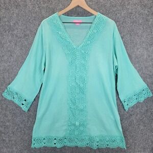 Isaac Mizrahi Cover Up Womens M Turquoise Crochet Tunic Side Slit Cotton Resort